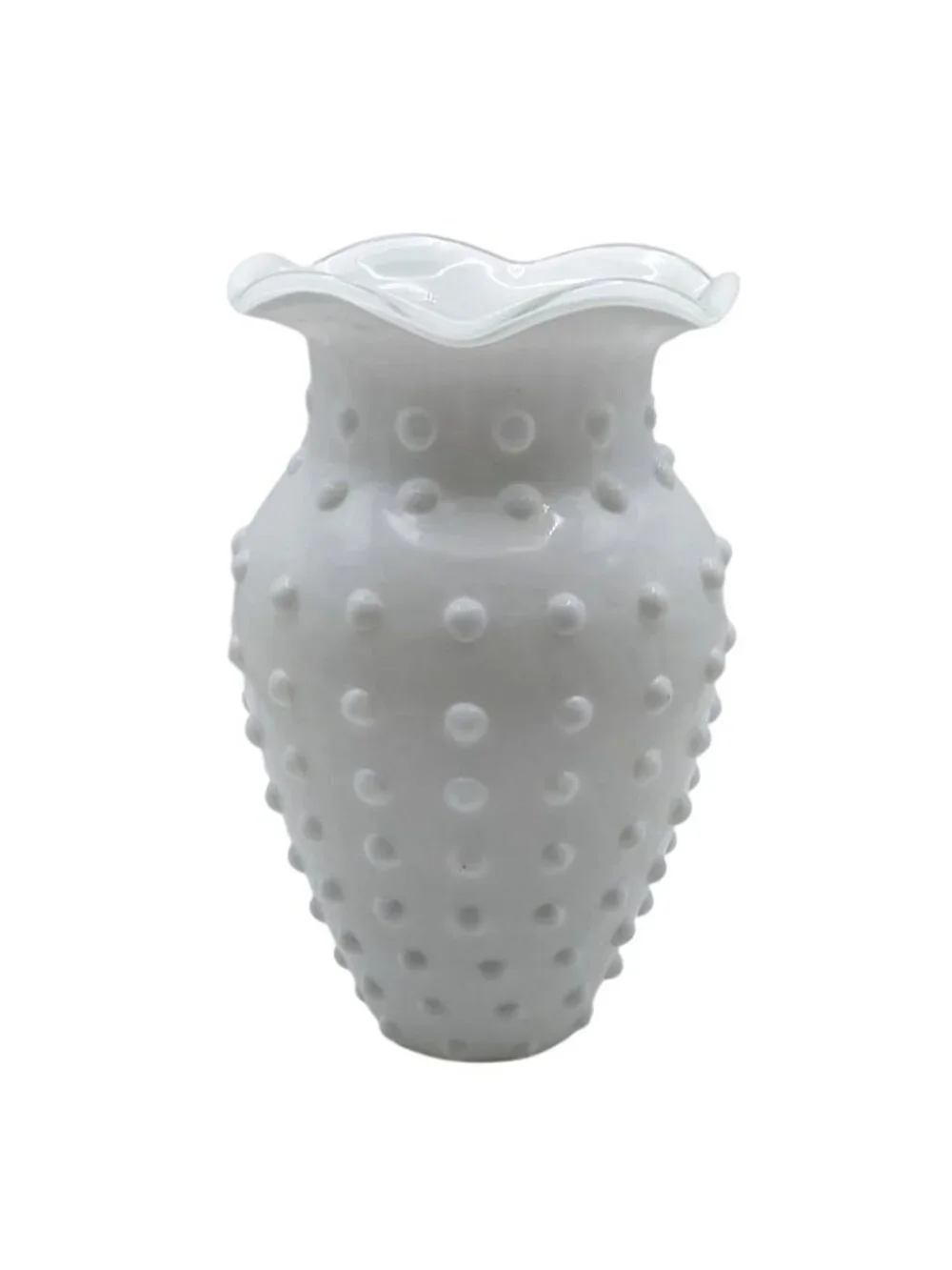 Hand Blown Glass Vase White Hobnail Textured Ruffled Studio Art Retro Vintage
